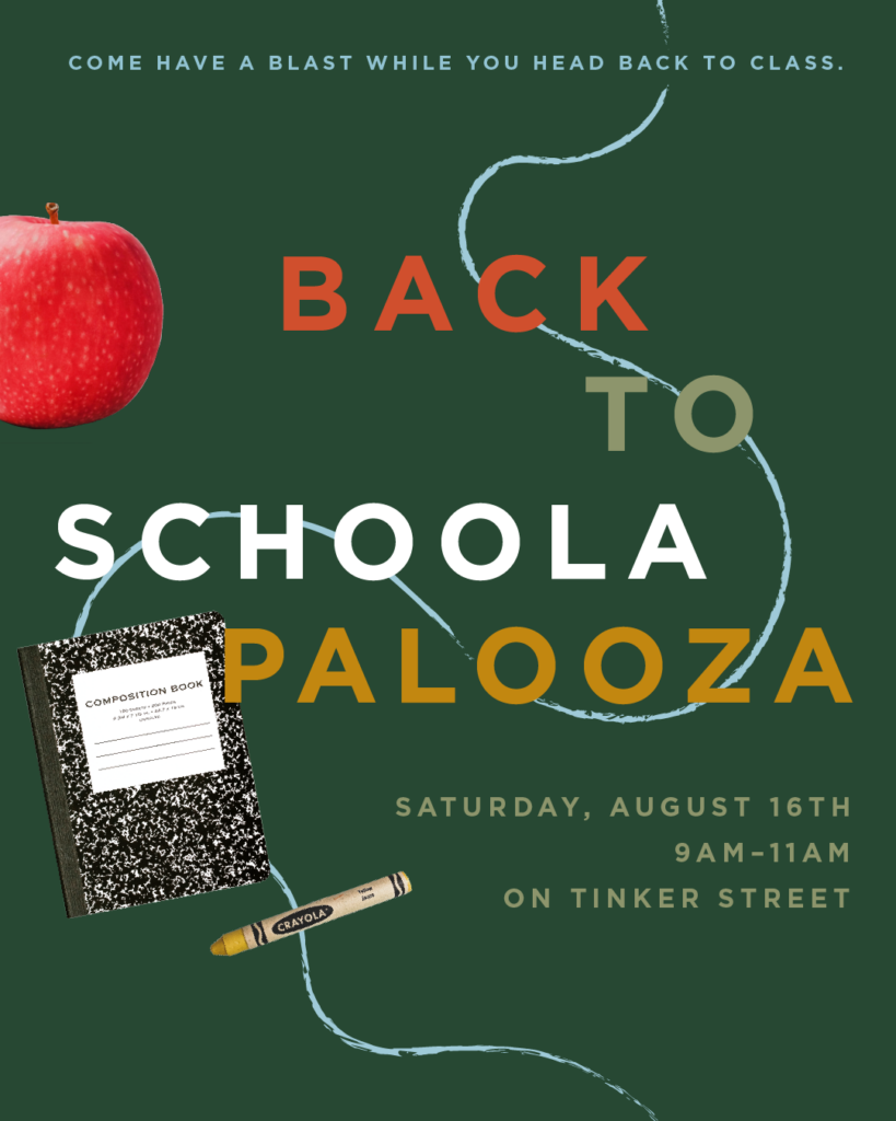 Event poster with an apple, a composition book, and a crayon, advertising “Back to Schoolapalooza” on Saturday, August 16th, 9–11 AM on Tinker Street in the heart of the Wildlight master planned community.