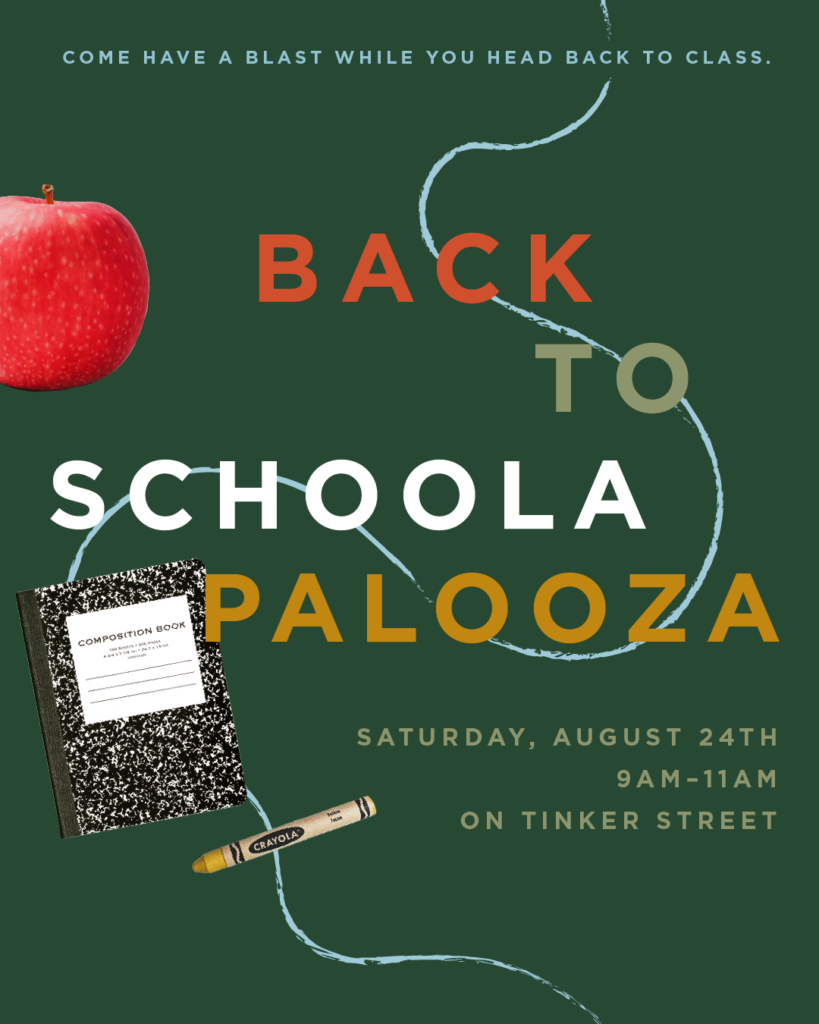 Green flyer for "Back to Schoolapalooza" with an apple, composition notebook, and crayon; event is Saturday, August 24th, 9–11am on Tinker Street in the Wildlight Yulee Florida community. Discover fun and connect with homes in Nassau County Florida!.
