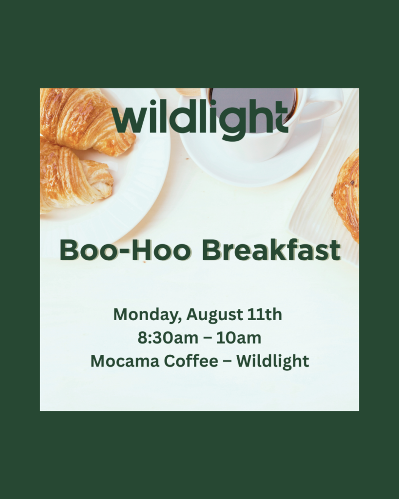 A flyer for the “Boo-Hoo Breakfast” at Mocama Coffee—Wildlight, in the heart of the Wildlight master planned community, on Monday, August 11th, 8:30am–10am, with images of croissants and a coffee cup.
