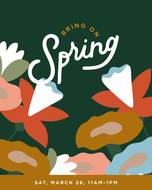 Illustration with colorful abstract flowers and text reading "Bring on Spring." Celebrate Sat, March 28, 11AM–1PM in Wildlight Florida—a vibrant community of new homes in Wildlight FL—on a dark green background.