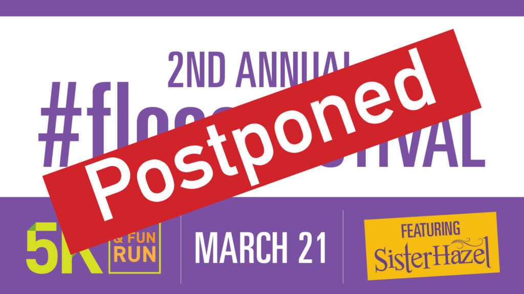 Event poster for the 2nd annual #flossival 5K and fun run in Wildlight Florida featuring Sister Hazel on March 21, with a red "Postponed" banner across it. Discover homes in Nassau County Florida at this vibrant community event!.