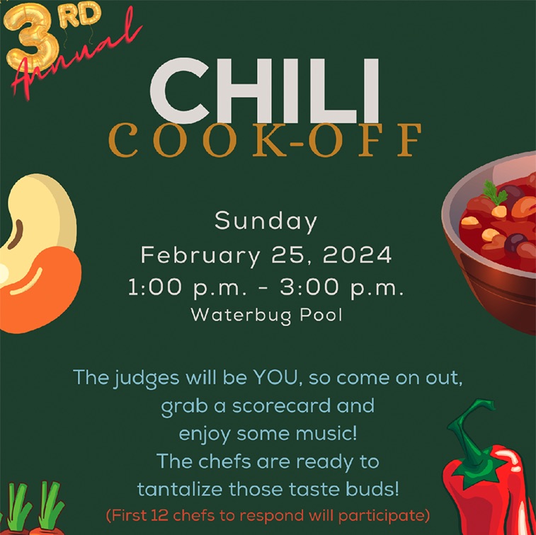 Flyer for the 3rd Annual Chili Cook-Off on Sunday, February 25, 2024, from 1-3 p.m. at Waterbug Pool in Wildlight Florida, featuring chef participation and judging—celebrate community fun in this premier Nassau County master planned community!.