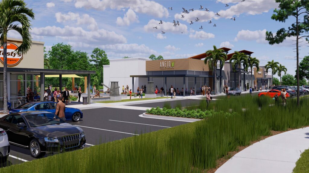 Rendering of a modern shopping plaza within the Wildlight Yulee Florida community, featuring storefronts, palm trees, parked cars, outdoor seating, pedestrians, and birds soaring in a partly cloudy sky.