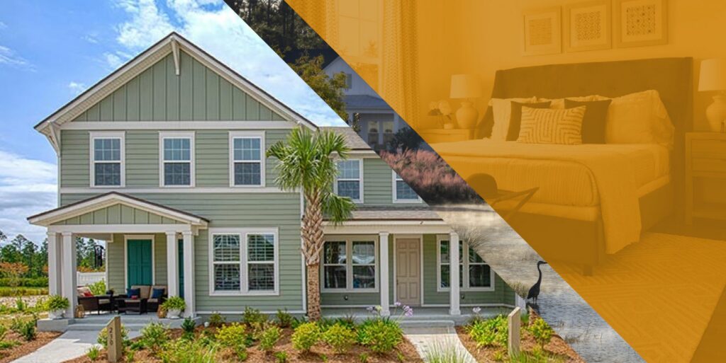 A two-story green house with white trim, front porch seating, palm tree, landscaped yard, and an overlaid image of a modern, yellow-tinted bedroom interior—perfect for those seeking new homes in Wildlight FL.
