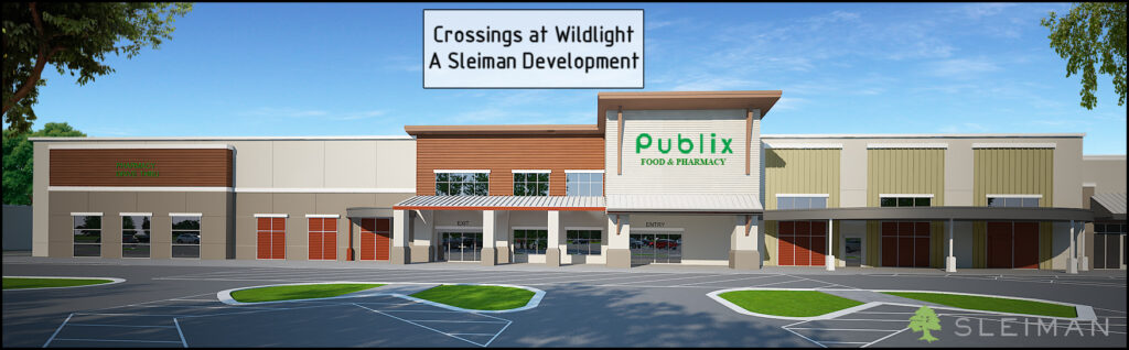 Rendering of a commercial building with a Publix storefront at Crossings at Wildlight, a Sleiman Development, showcasing parking spaces and reflecting the vibrant Wildlight Yulee Florida community.
