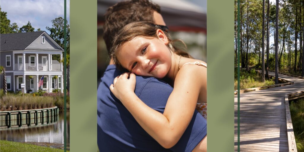 A smiling young girl hugs an adult outdoors, flanked by images of a two-story house on the left and the scenic Wildlight Yulee Florida community boardwalk through trees on the right.