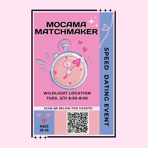 A flyer for "Mocama Matchmaker" speed dating at Wildlight Florida on 2/11 from 6:30–8:30 for ages 30–45, featuring a QR code for tickets and stopwatch graphic, set in the vibrant Wildlight master planned community.