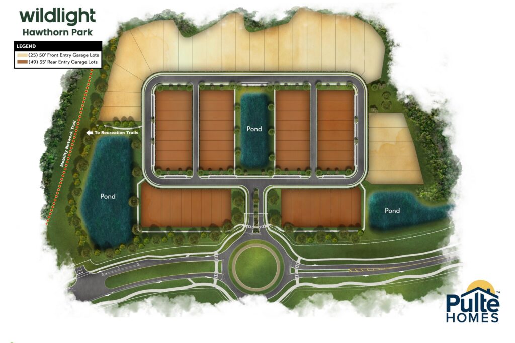 Map of Wildlight Hawthorn Park neighborhood in the Wildlight master planned community, showing lots, ponds, recreation trails, roads, and roundabout entrance, with Pulte Homes logo in the bottom right corner.