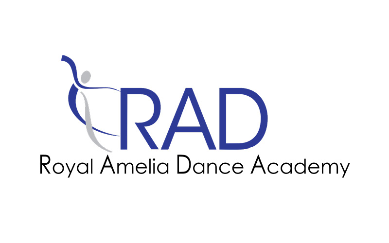 Logo for Royal Amelia Dance Academy, serving the Wildlight master planned community. Features the acronym "RAD" with a stylized dancer figure and full name below in black and blue text.