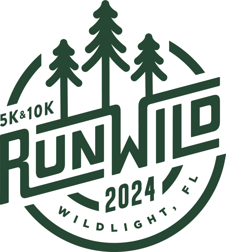 Green and white logo for the Run Wild 5K & 10K event in Wildlight Florida, 2024, featuring three stylized pine trees and bold text, capturing the spirit of the vibrant Wildlight Yulee Florida community.