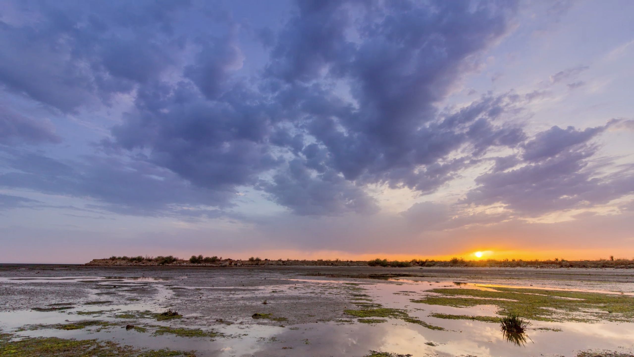 Sunset over a flat, marshy landscape with scattered green patches and a dramatic, cloud-filled sky reflected in the shallow water—capturing the natural beauty near new homes in Wildlight FL.