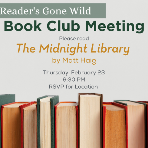 Book club meeting flyer with stacked books at the bottom, inviting the Wildlight Yulee Florida community to discuss "The Midnight Library" by Matt Haig on Thursday, February 23, 6:30 PM. RSVP for location and join fellow readers from homes in Nassau County Florida.