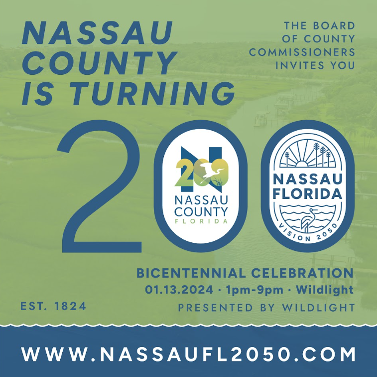 Promotional graphic for Nassau County, Florida's 200th anniversary celebration on January 13, 2024, from 1pm–9pm at Wildlight; event details and logo included. Discover the vibrant Wildlight Yulee Florida community during this special event.