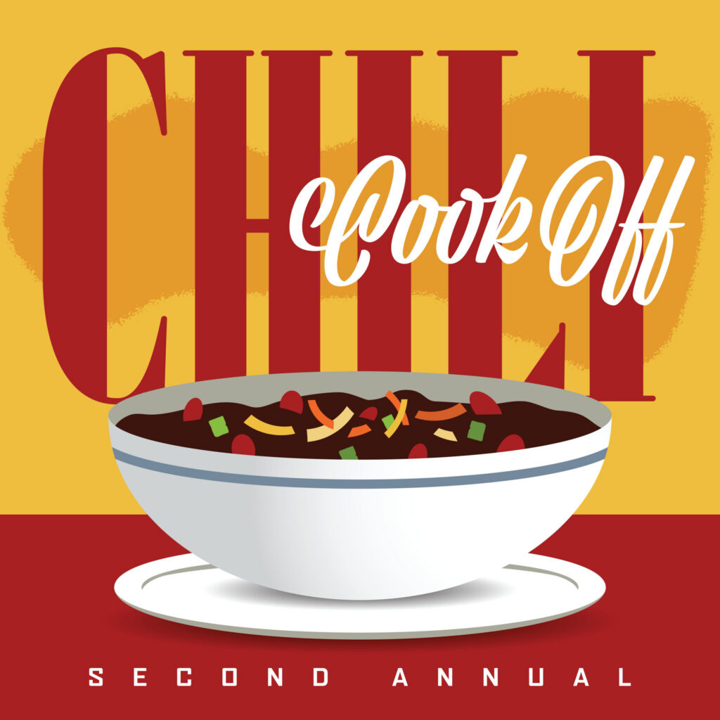A bowl of chili with garnishes is centered in front of large text reading "Chili Cook Off." The bottom text reads "Second Annual." The bold yellow and red background captures the excitement of the Wildlight master planned community.