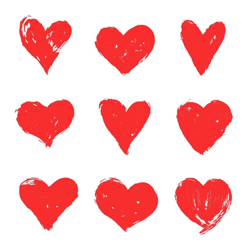 Nine red, hand-painted heart shapes arranged in a grid on a white background, each heart featuring a unique brushstroke texture—reflecting the individuality found in new homes in Wildlight FL.