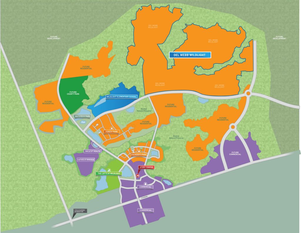 Color-coded map highlighting residential and recreational areas, parks, and roads—including "Del Webb Wildlight" in blue—showcases the vibrant Wildlight master planned community and homes in Nassau County, Florida.
