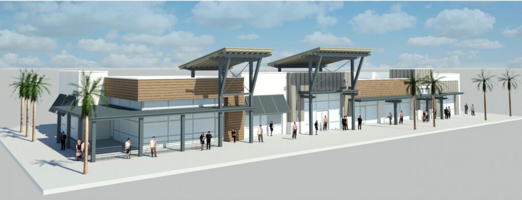 Architectural rendering of a modern retail plaza in the Wildlight Yulee Florida community, featuring large windows, wood accents, metal awnings, scattered people, and palm trees in front.