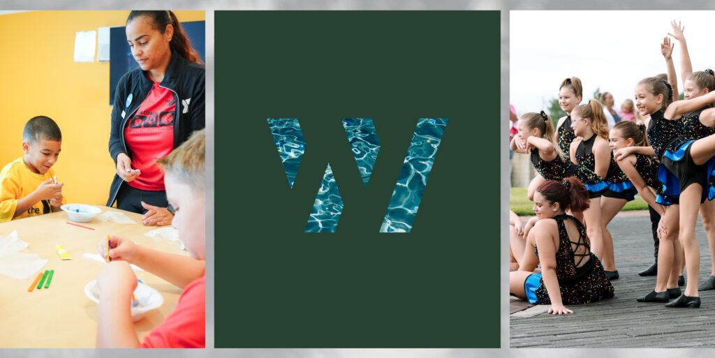 A collage with three panels: kids crafting at a table, a stylized "W" with a water texture, and children in dance costumes preparing outdoors—capturing the creative spirit of the Wildlight Yulee Florida community.