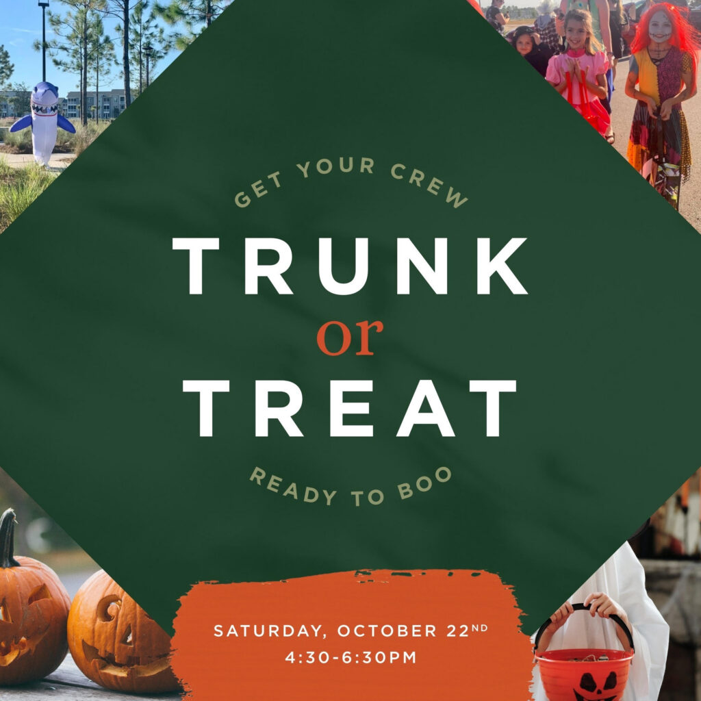 A graphic advertises a Trunk or Treat event on Saturday, October 22, from 4:30 to 6:30 PM, with Halloween images and the text "Get your crew ready to boo"—join the fun in the Wildlight Yulee Florida community!.