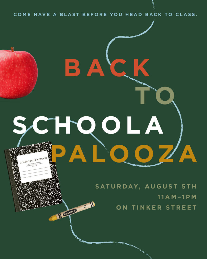 Back to Schoola Palooza event flyer with an apple, notebook, and crayon on a green background; event details listed for August 5th, 11AM–1PM, on Tinker Street in Wildlight Florida.