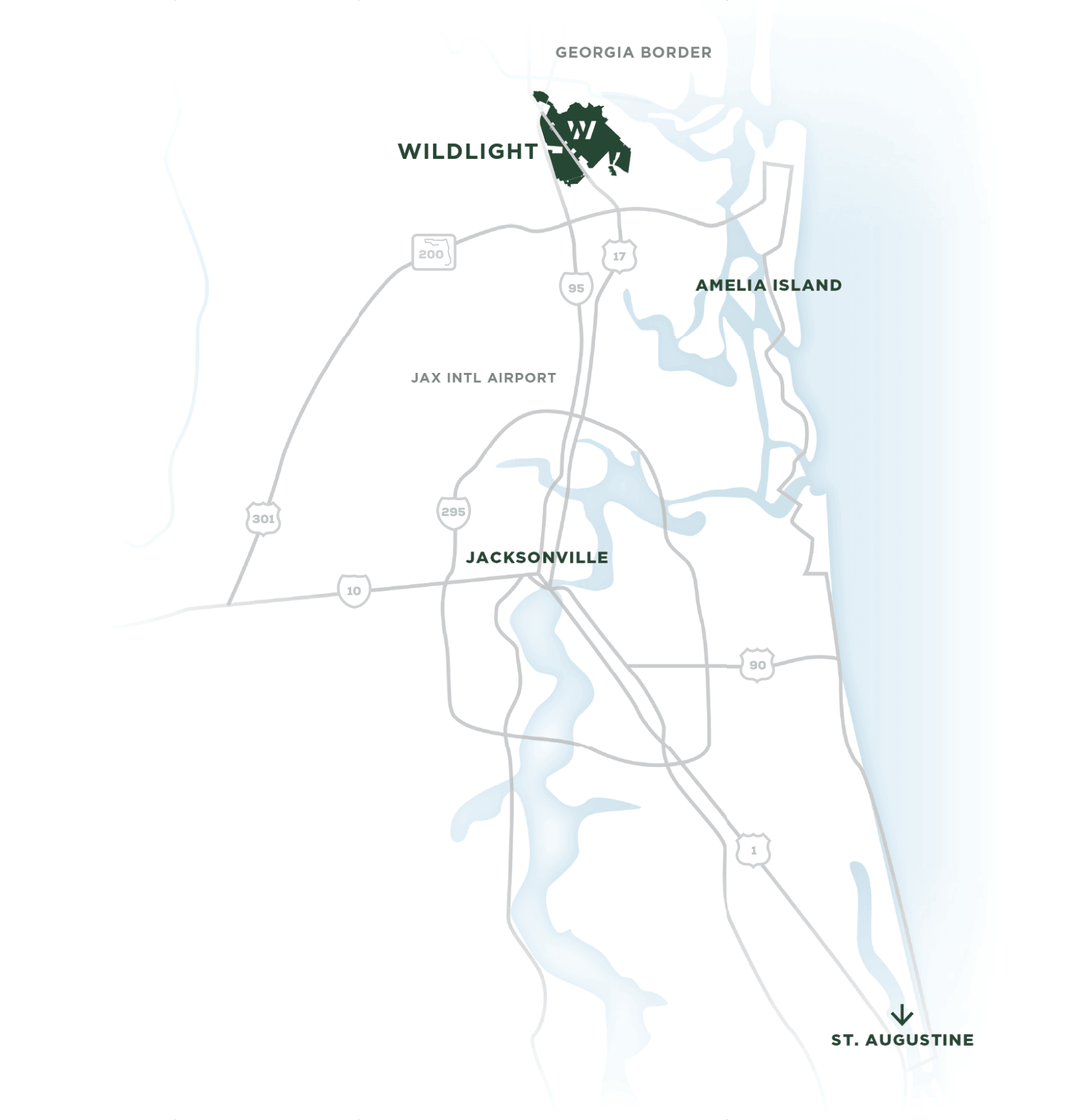Map showing the location of Wildlight, a master planned community near the Georgia border, north of Jacksonville, and west of Amelia Island and St. Augustine in northeastern Florida.
