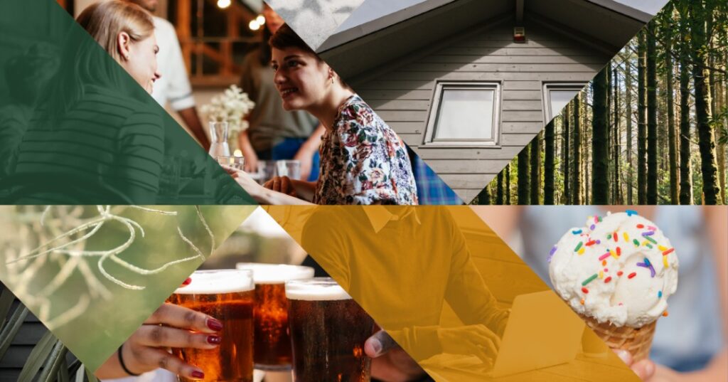 Collage showing people talking, a house, a forest, plants, beer glasses, and an ice cream cone with sprinkles—capturing the vibrant lifestyle in the Wildlight master planned community.
