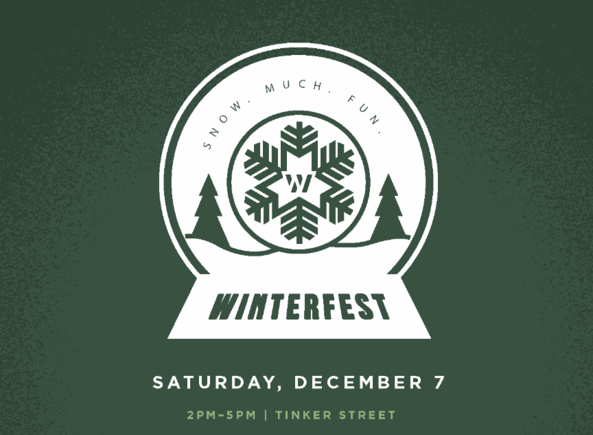 Winterfest event poster with a snowflake, pine trees, and text: "Snow. Much. Fun. Winterfest, Saturday, December 7, 2pm-5pm, Tinker Street in the Wildlight Yulee Florida community.