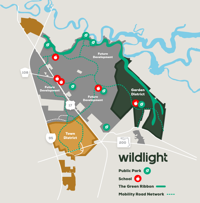 Map of Wildlight Florida showing districts, public parks, schools, future development sites, the Green Ribbon trail, and mobility road network—explore where new homes in Wildlight FL are shaping this vibrant community.