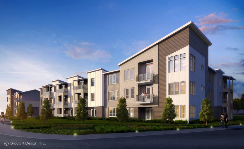 Modern three-story apartment building with large windows, balconies, and landscaped green spaces in front, shown during sunset—an inviting glimpse of new homes in Wildlight FL’s vibrant master planned community.
