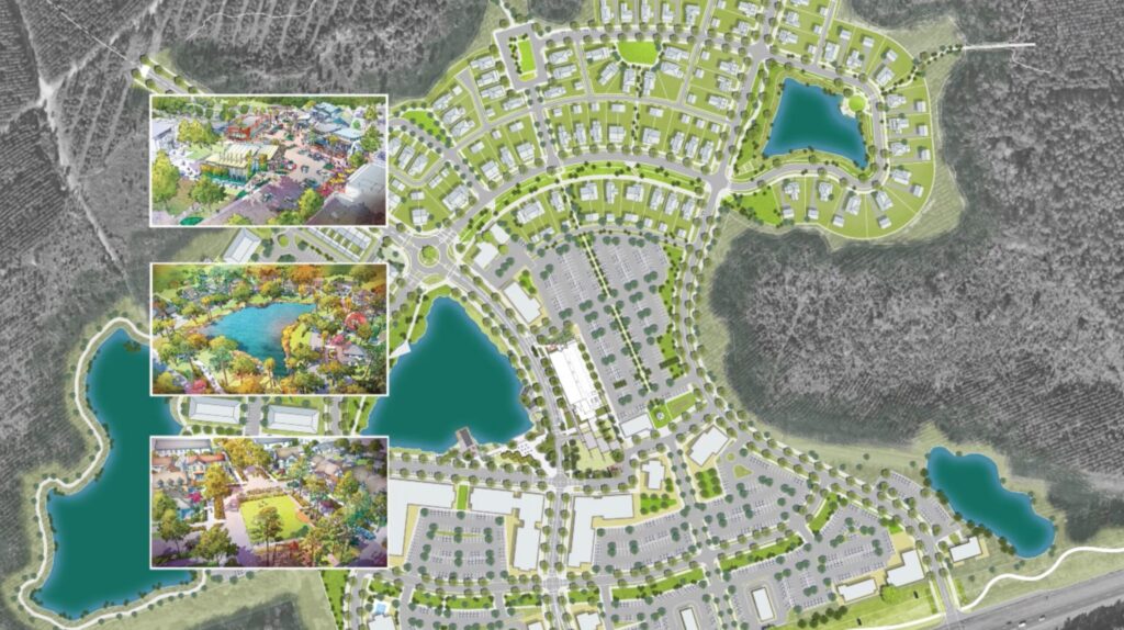 Aerial layout of Wildlight master planned community with roads, homes in Nassau County Florida, parking lots, and ponds; three inset images show landscaped parks and residential areas.