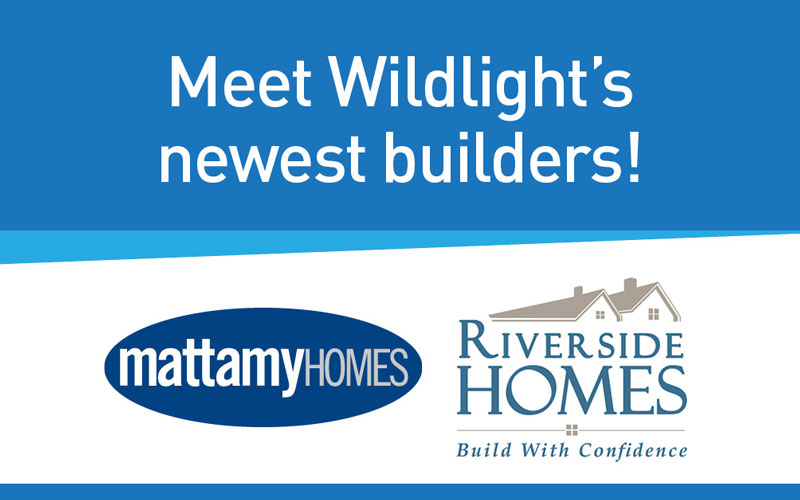 A promotional graphic announcing Mattamy Homes and Riverside Homes as Wildlight Florida’s newest builders of stunning new homes in Wildlight FL.
