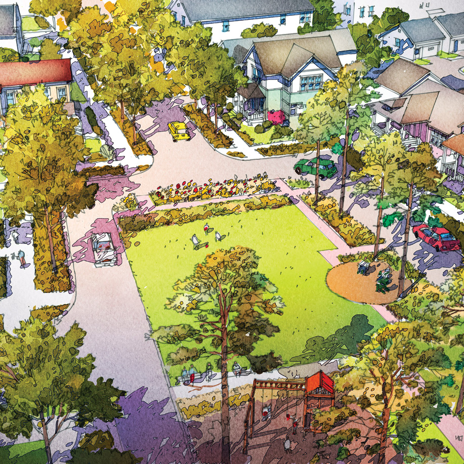 A tree-lined neighborhood park with a central grassy area, surrounding houses, parked cars, and a small playground in one corner highlights the charm of the Wildlight master planned community in Wildlight Florida.