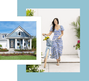 A woman in a blue-patterned dress walks a bicycle with flowers in the basket beside a white wall; in another frame, a blue house with a front porch highlights the charm of the Wildlight Yulee Florida community.