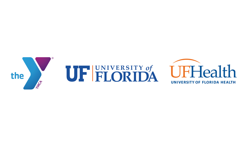 Logos of the YMCA, University of Florida, and UF Health are displayed side by side on a white background, representing key partners in the Wildlight master planned community offering new homes in Nassau County Florida.