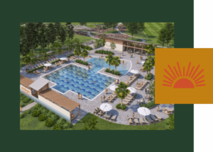 Aerial view of an outdoor swimming pool complex with lounge chairs, umbrellas, palm trees, and greenery in the Wildlight Yulee Florida community; sun icon graphic overlays part of the image.