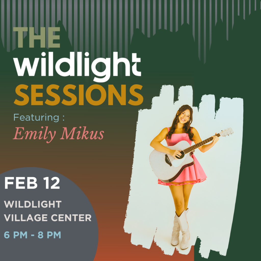 Promotional poster for The Wildlight Sessions featuring Emily Mikus, with event details: Feb 12, Wildlight Village Center, 6 PM - 8 PM. Emily is holding a guitar and smiling in the heart of the Wildlight master planned community.