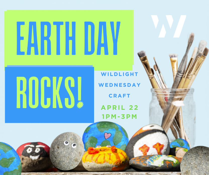 Painted rocks and a jar of paintbrushes are arranged on a surface with text promoting an Earth Day craft event on April 22 from 1pm-3pm.