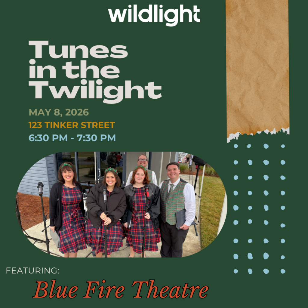 Promotional flyer for "Tunes in the Twilight" on May 8, 2026, 6:30-7:30 PM at 123 Tinker Street, featuring Blue Fire Theatre; group photo included.