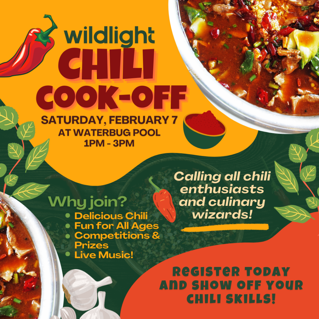 Colorful flyer for the Wildlight Chili Cook-Off on February 7, featuring bowls of chili, event details, and calls to register—celebrating the vibrant Wildlight Yulee Florida community with fun chili-themed activities.