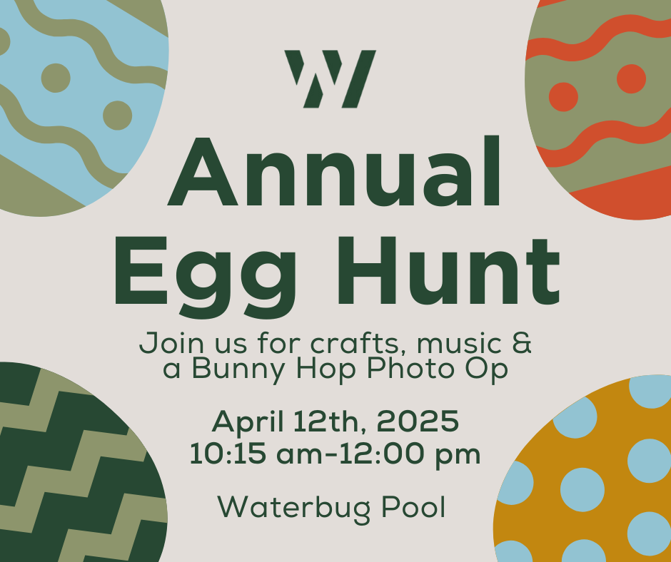 Flyer for Annual Egg Hunt at Waterbug Pool in the Wildlight Yulee Florida community on April 12, 2025, from 10:15 am to 12:00 pm; enjoy crafts, music, a Bunny Hop Photo Op, and decorated eggs in corners.