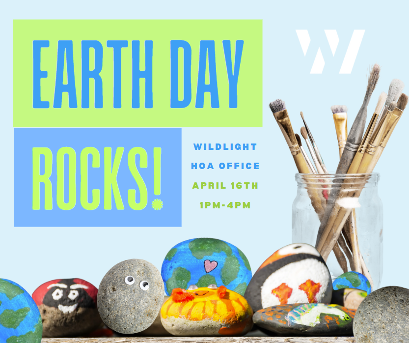 A row of painted rocks and a jar of paintbrushes with text promoting an Earth Day event on April 16th from 1-4pm at the Wildlight HOA Office in the vibrant Wildlight Yulee Florida community.