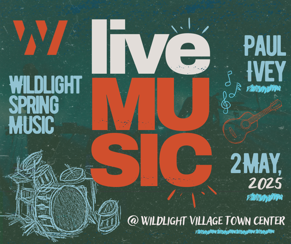 Event poster for "Wildlight Spring Music" featuring live music by Paul Ivey on May 2, 2025, at Wildlight Village Town Center in the Wildlight Yulee Florida community, with vibrant drum and guitar illustrations.