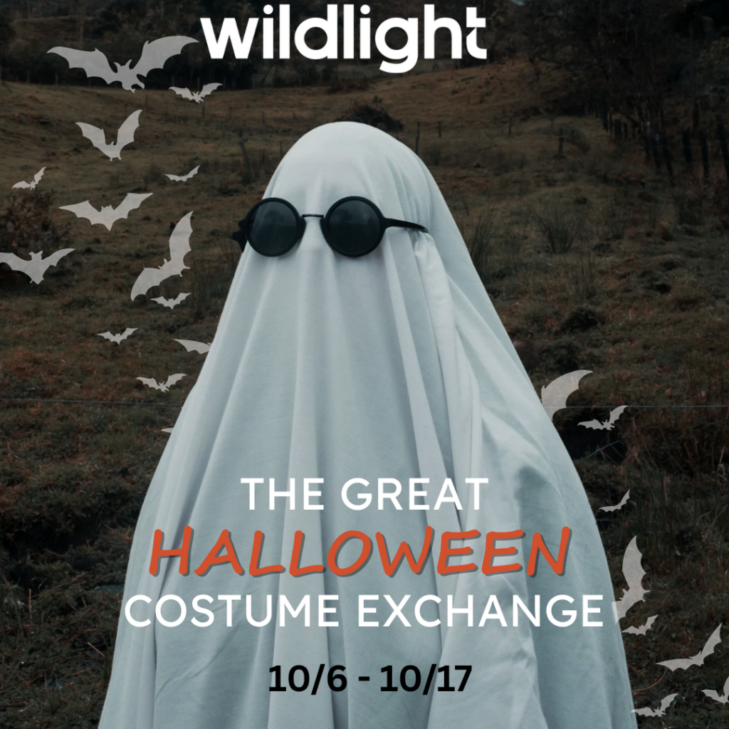 A person dressed as a ghost in a white sheet and sunglasses stands outdoors with bats added around; text promotes "The Great Halloween Costume Exchange," October 6–17, hosted by the Wildlight Yulee Florida community.