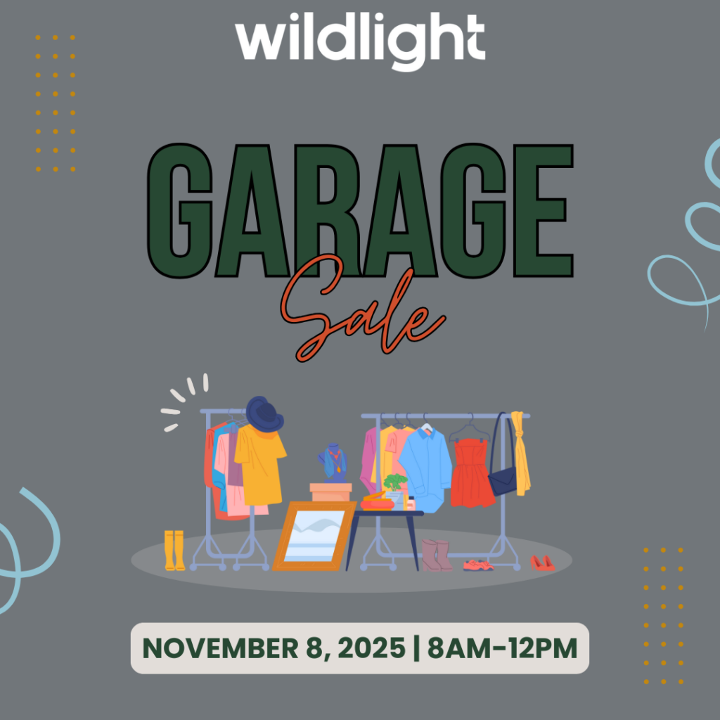 Garage sale event by Wildlight in the Wildlight Yulee Florida community on November 8, 2025, from 8am to 12pm; illustrated with clothing racks, shoes, and accessories.
