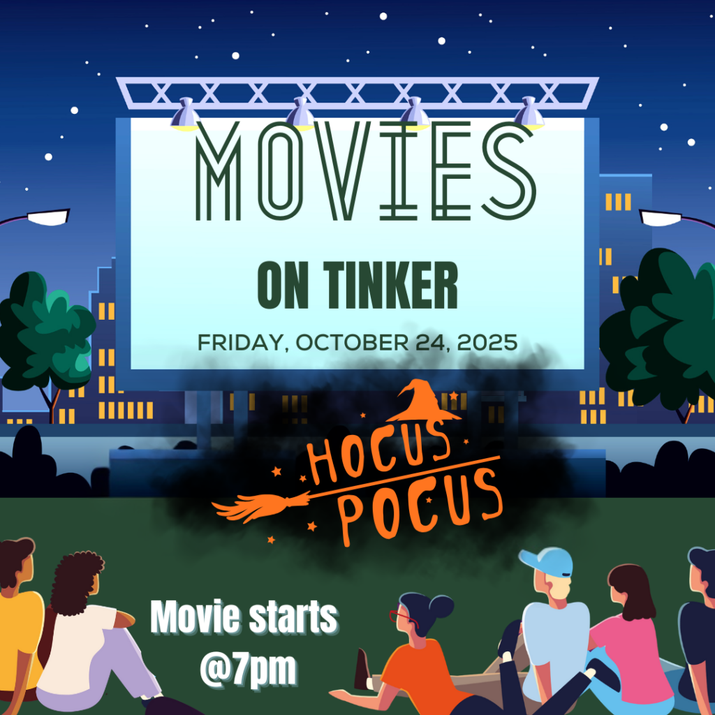 Illustration of people sitting on grass watching an outdoor movie screen in Wildlight Florida displaying "Movies on Tinker, Friday, October 24, 2025." The featured film is "Hocus Pocus." Movie starts at 7pm in the Wildlight master planned community.