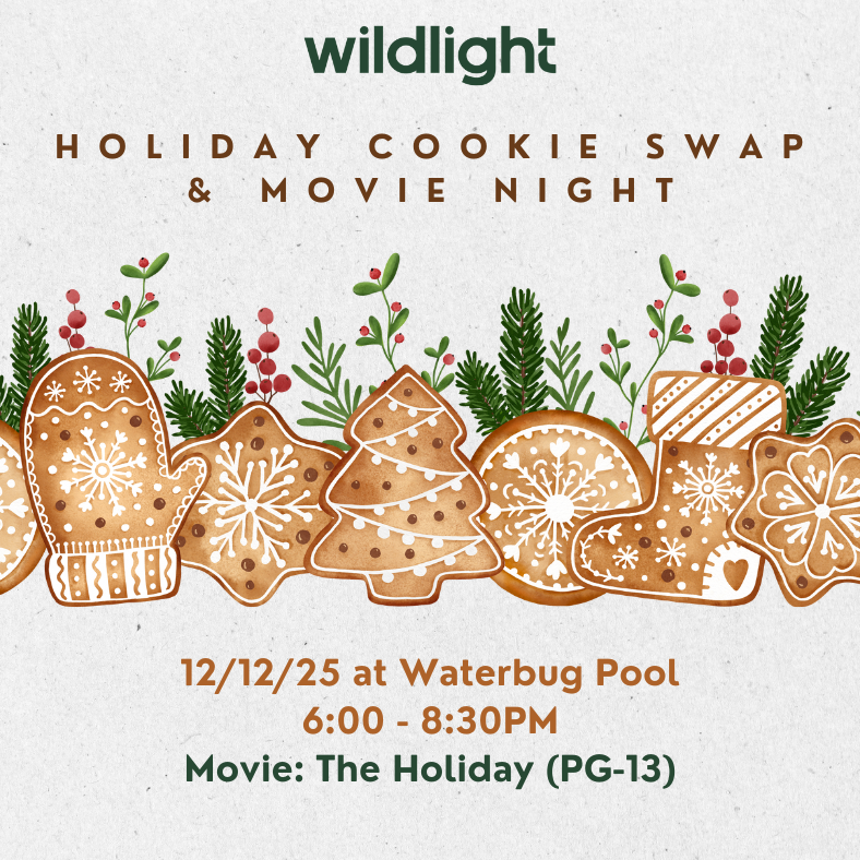 Flyer for "wildlight Holiday Cookie Swap & Movie Night" in the Wildlight Yulee Florida community, showing decorated cookies and event details: 12/12/25, Waterbug Pool, 6:00-8:30PM. Movie is "The Holiday" (PG-13).