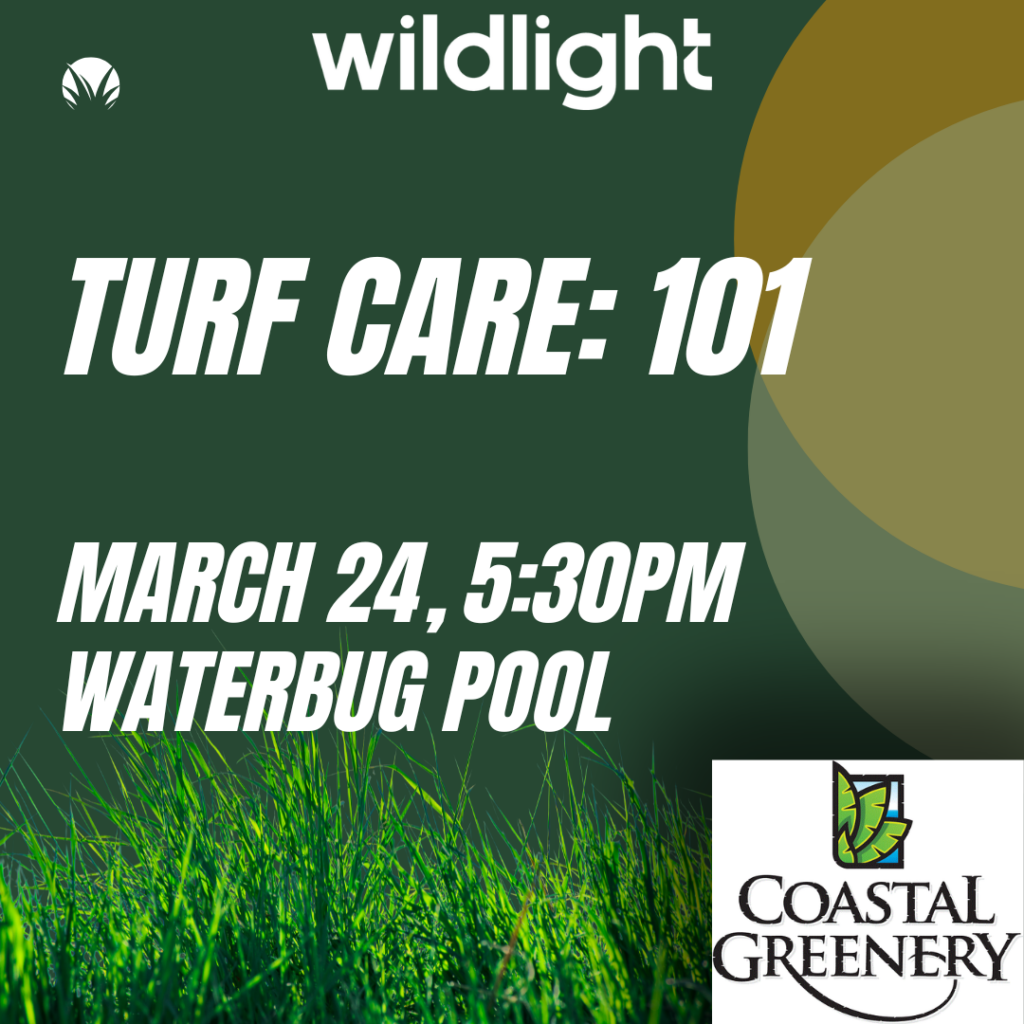 Event flyer for "Turf Care: 101" on March 24 at 5:30 PM at Waterbug Pool, presented by Wildlight and Coastal Greenery. Features grass and logo graphics—perfect for those interested in new homes in Wildlight FL.