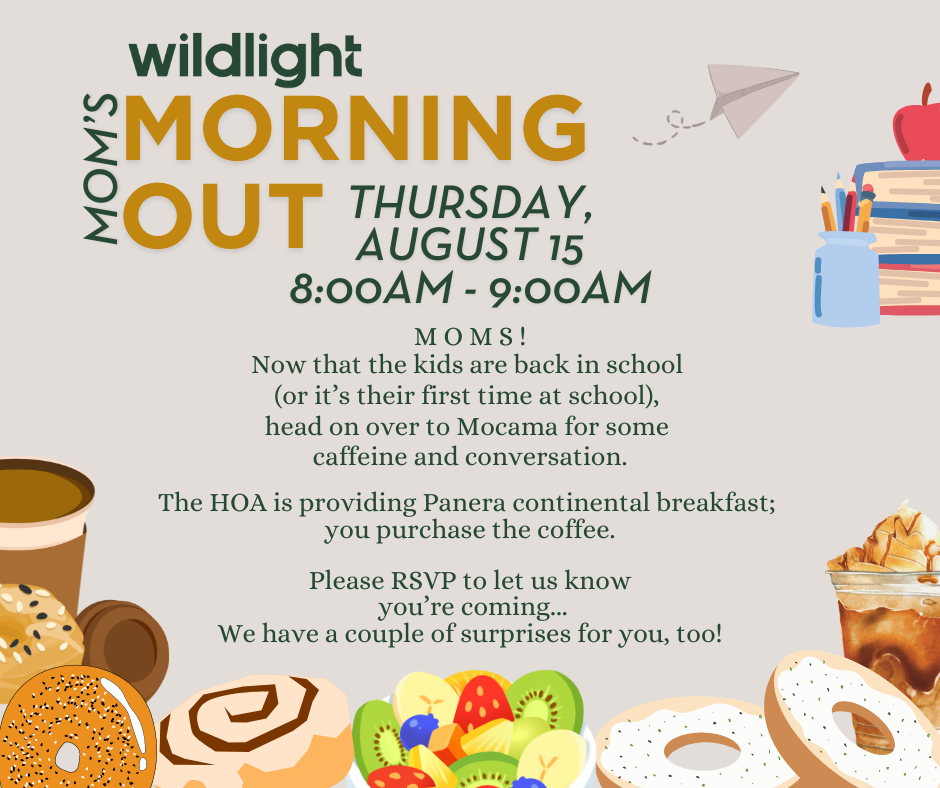 Event flyer for "Mom's Morning Out" on Thursday, August 15, 8-9 AM in the Wildlight Yulee Florida community. Enjoy coffee and breakfast—RSVP requested! Features inviting images of delicious breakfast items.