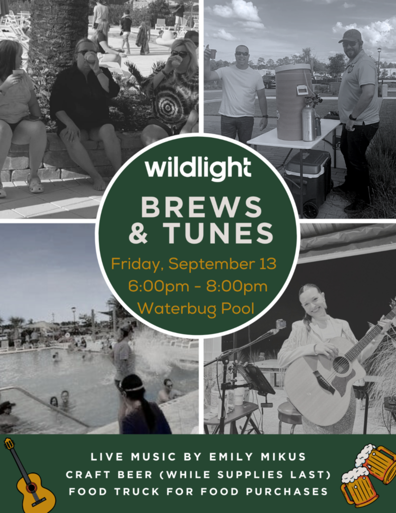 Event flyer for "Wildlight Brews & Tunes" on Friday, September 13, 6-8pm at Waterbug Pool in the Wildlight master planned community—enjoy live music, craft beer, a food truck, and black-and-white event photos!.