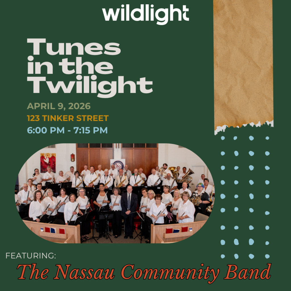 Event flyer for "Tunes in the Twilight" on April 9, 2026, featuring The Nassau Community Band at 123 Tinker Street, from 6:00-7:15 PM. Celebrate with the Wildlight Yulee Florida community—enjoy music and a group photo of the band!.